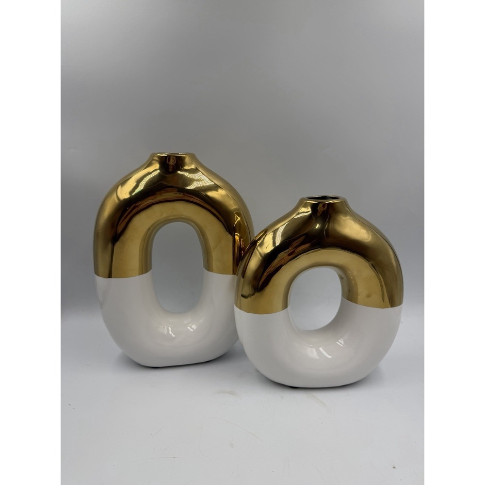 NIB White & Gold Ceramic Vase Set of 2 Round Donut Hollow Flower Vases for Home